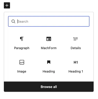 The WordPress block inserter with MachForm among the available blocks