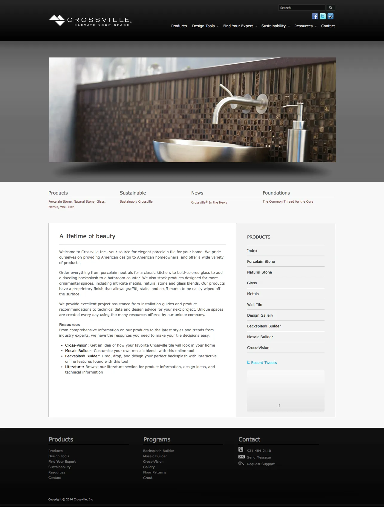 The same Crossville Inc. homepage layout with a different hero photograph — a fine mosaic tile backsplash behind a stainless basin.