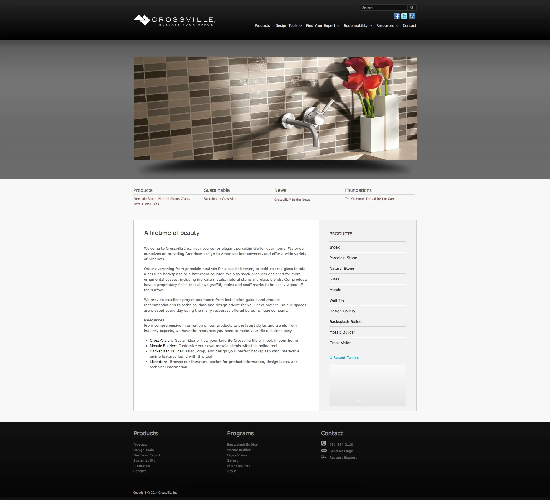 Crossville Inc. homepage: a dark header with the diamond logo and “Elevate Your Space” tagline, a wide photograph of a linear wall tile backsplash, and a body area headed “A lifetime of beauty”.