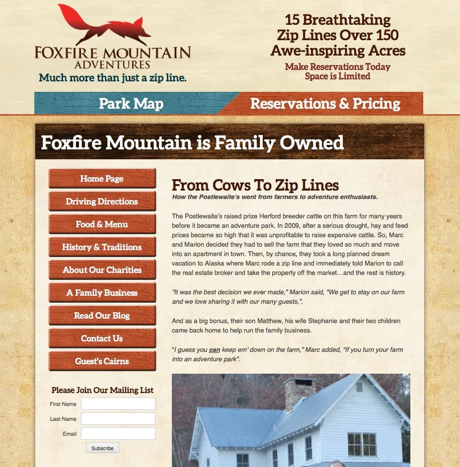 The earlier About page, headed “Foxfire Mountain is Family Owned” and “From Cows To Zip Lines”, telling how the owners turned a cattle farm into an adventure park, with a sidebar menu and a mailing list signup form.