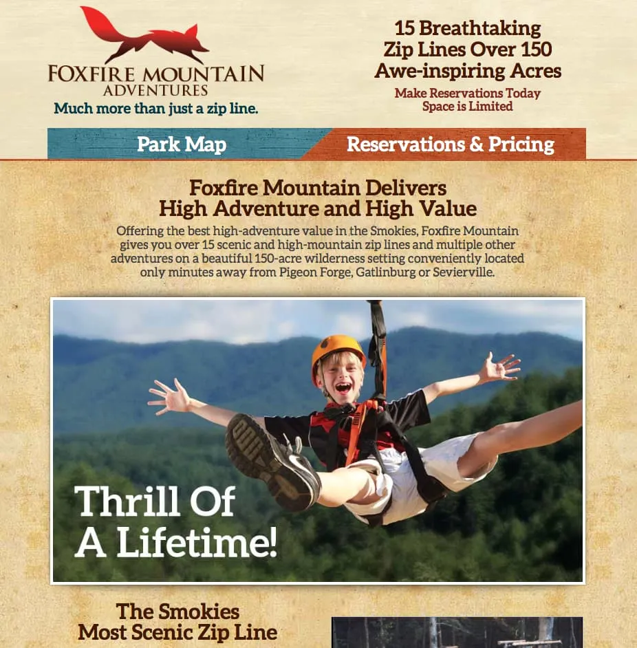 The earlier Foxfire Mountain Adventures home page: a parchment-styled layout with a red leaping fox logo, the tagline “Much more than just a zip line”, Park Map and Reservations tabs, and a photograph of a child on a zip line captioned “Thrill Of A Lifetime!”.