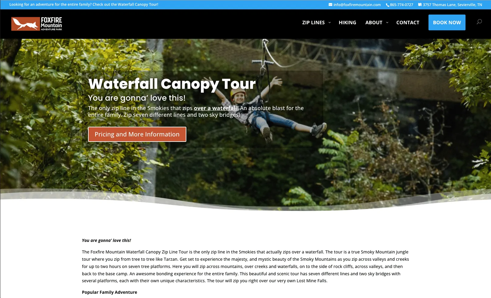 The Waterfall Canopy Tour page: a photograph of a rider on a zip line above a forest gorge, with the tour name, the line “The only zip line in the Smokies that zips over a waterfall”, and a Pricing and More Information button.