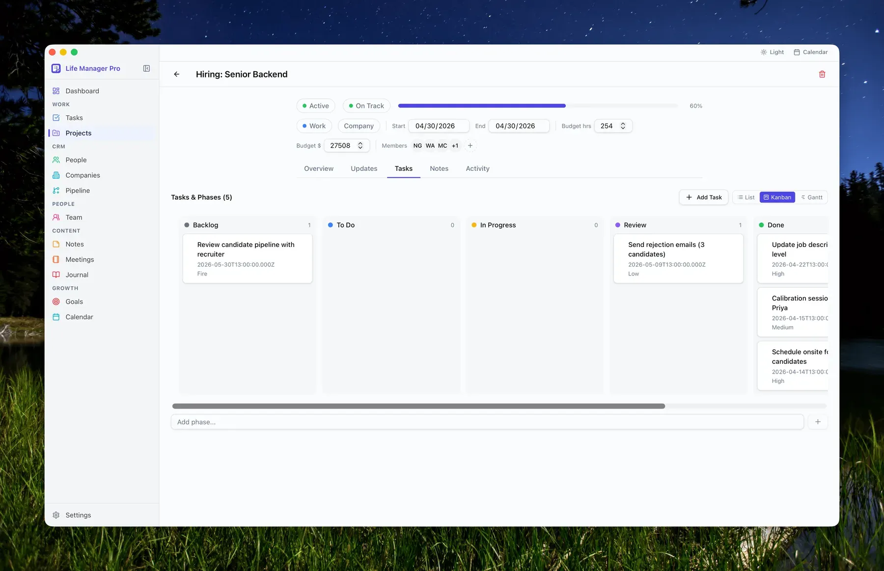 A project detail view for “Hiring: Senior Backend” showing status, dates, budget and members, with a Tasks tab displaying a kanban board of Backlog, To Do, In Progress, Review and Done columns, and List, Kanban and Gantt view options.