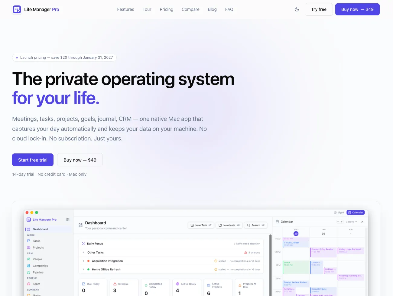The Life Manager Pro home page: a headline reading “The private operating system for your life”, a launch-pricing badge, Start free trial and Buy now buttons, and a screenshot of the app dashboard showing a task sidebar, daily focus list, counters, and a calendar.
