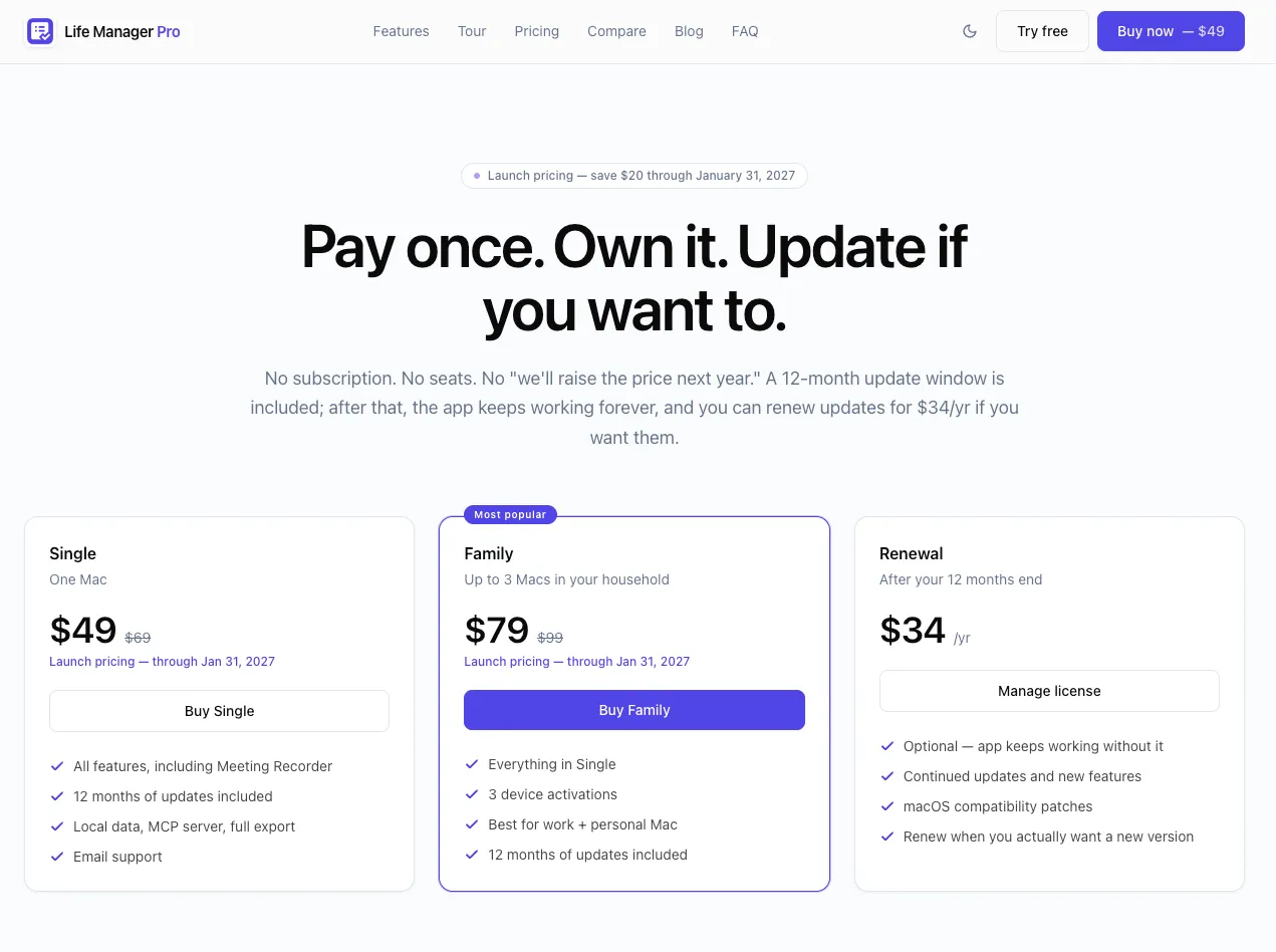 The pricing page headed “Pay once. Own it. Update if you want to.” with three cards — Single at $49 for one Mac, Family at $79 for up to three Macs, and an optional $34 per year renewal.