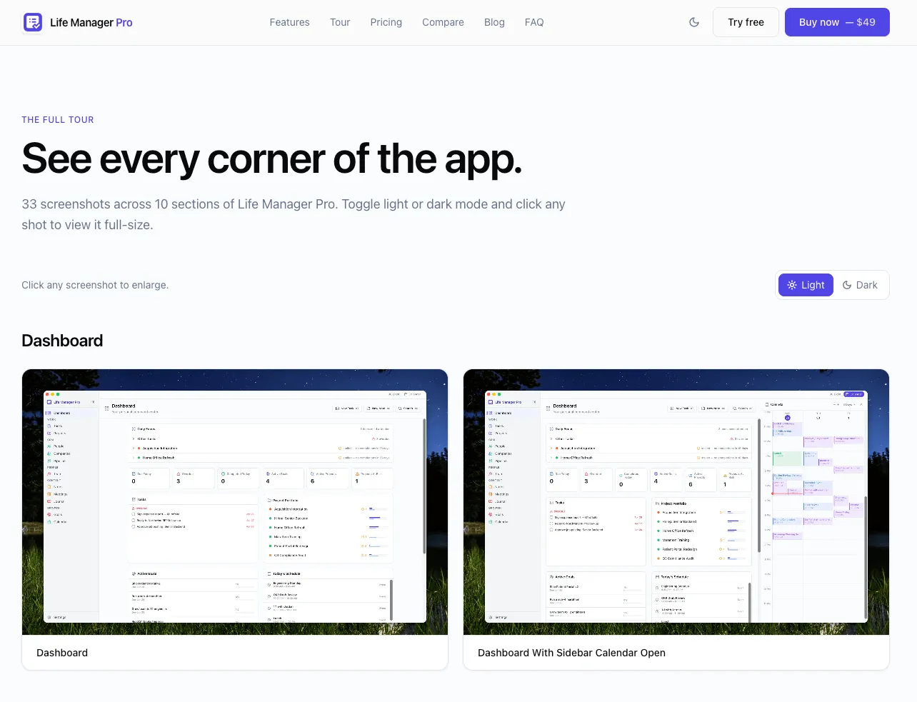 A page headed “See every corner of the app” with a light and dark mode toggle above a grid of app screenshots labeled Dashboard and Dashboard With Sidebar Calendar Open.