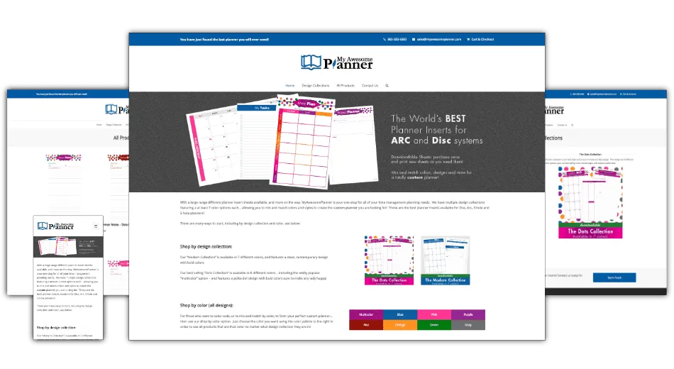 Composite of three screenshots of the My Awesome Planner storefront: the homepage with a hero promoting planner inserts for ARC and Disc systems, a shop-by-collection and shop-by-color section, a product listing page, and a narrow mobile view.