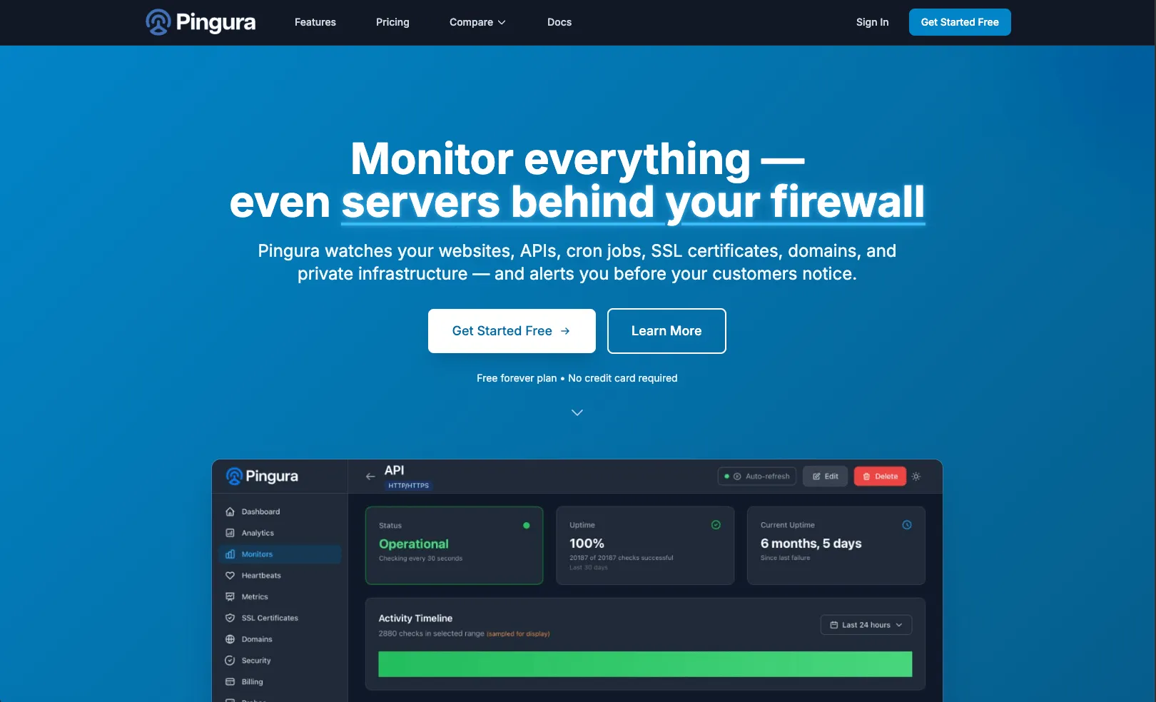 The Pingura home page: a blue gradient hero reading “Monitor everything — even servers behind your firewall”, with Get Started Free and Learn More buttons and a screenshot of the monitoring dashboard below.