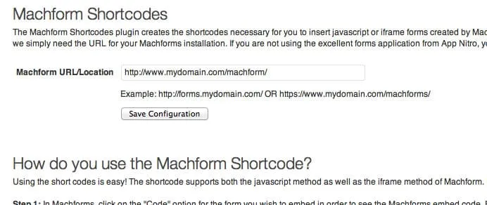 The plugin settings screen with a single field for the MachForm URL