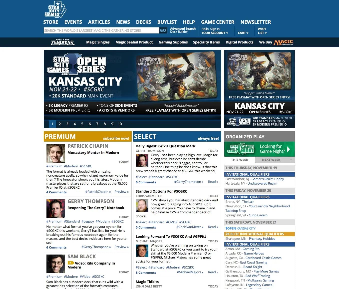 Star City Games homepage: a blue header with store, events, articles and buylist navigation, a banner promoting an Open Series event in Kansas City, and three columns below — paid Premium articles, free Select articles, and an organized-play event calendar.