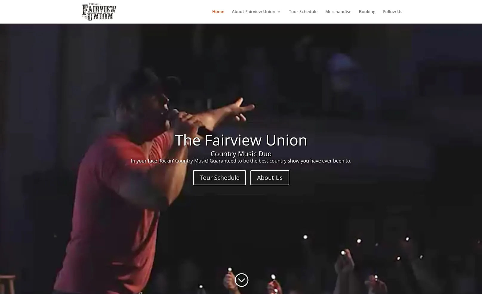 The Fairview Union home page: a full-bleed photograph of a vocalist performing to a lit crowd, with the band name, the words “Country Music Duo”, and Tour Schedule and About Us buttons over it.