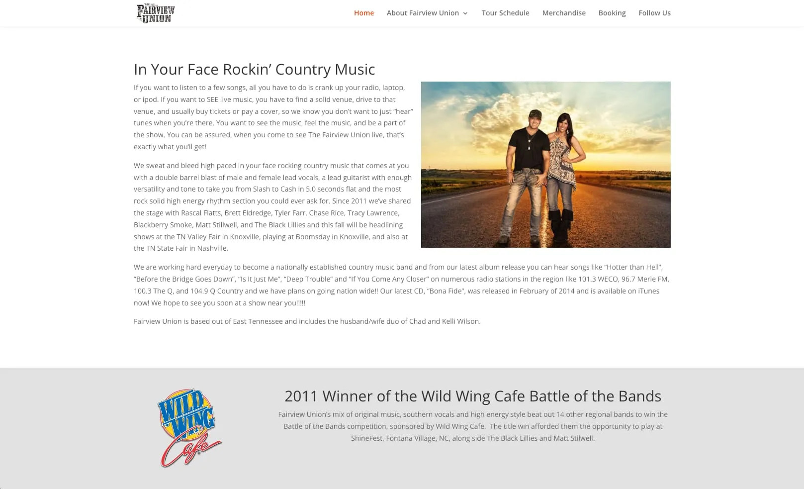 Further down the same page: a two-column section headed “In Your Face Rockin’ Country Music” with body copy beside a promotional photograph of the duo, and below it a grey band with the Wild Wing Cafe logo and the heading “2011 Winner of the Wild Wing Cafe Battle of the Bands”.